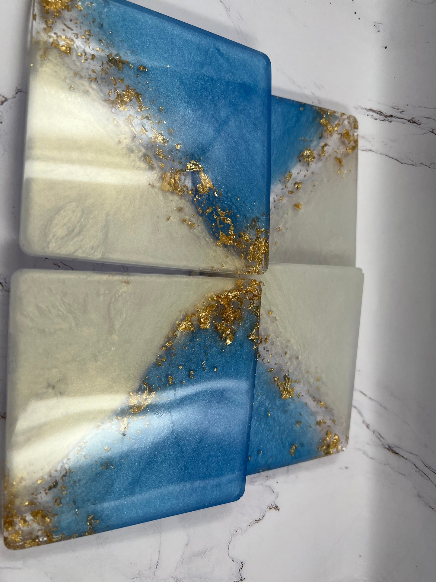Luxurious Light Steel Blue, Pearl, and Gold Flakes Coasters - Set of 4
