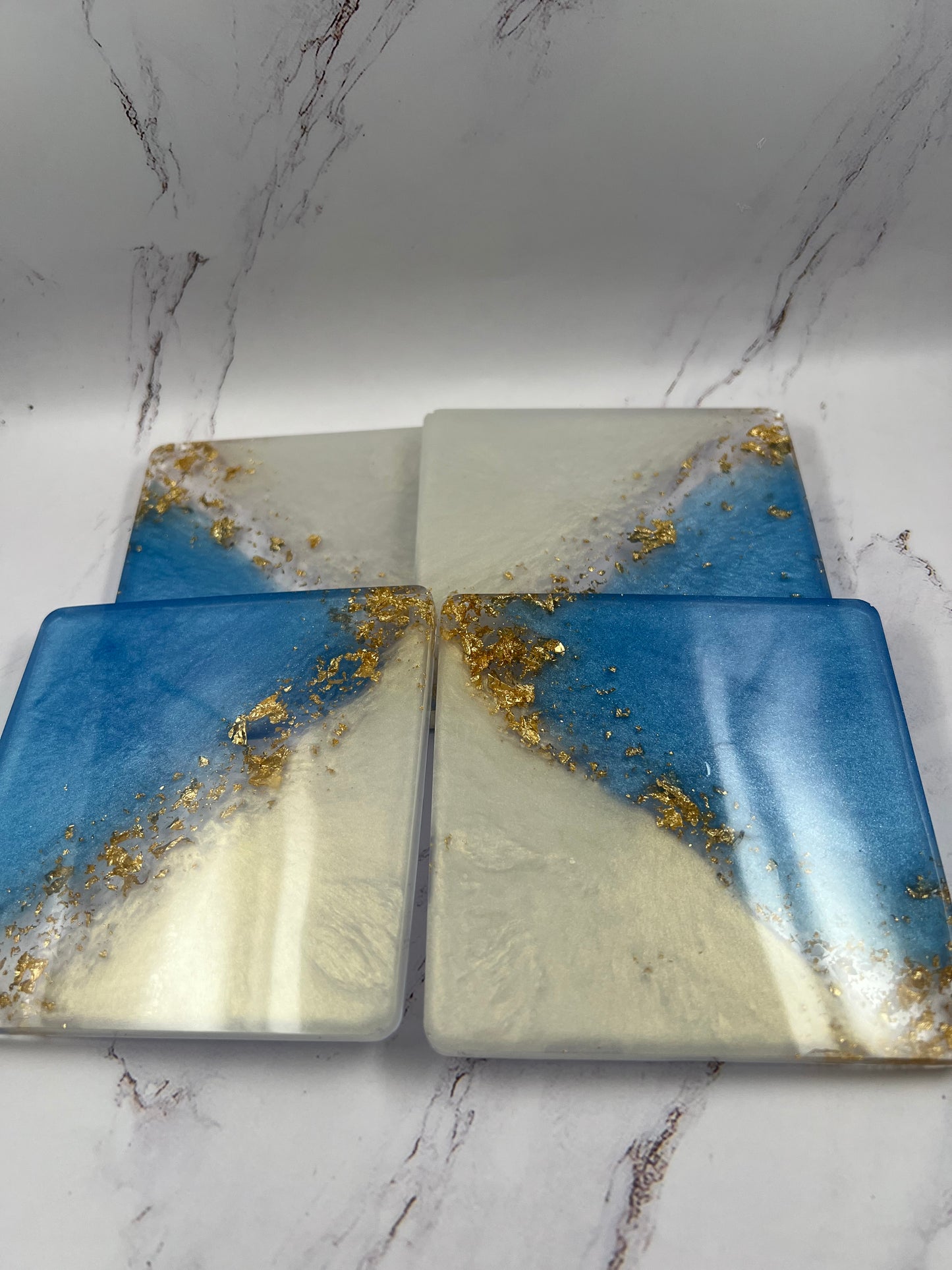 Luxurious Light Steel Blue, Pearl, and Gold Flakes Coasters - Set of 4