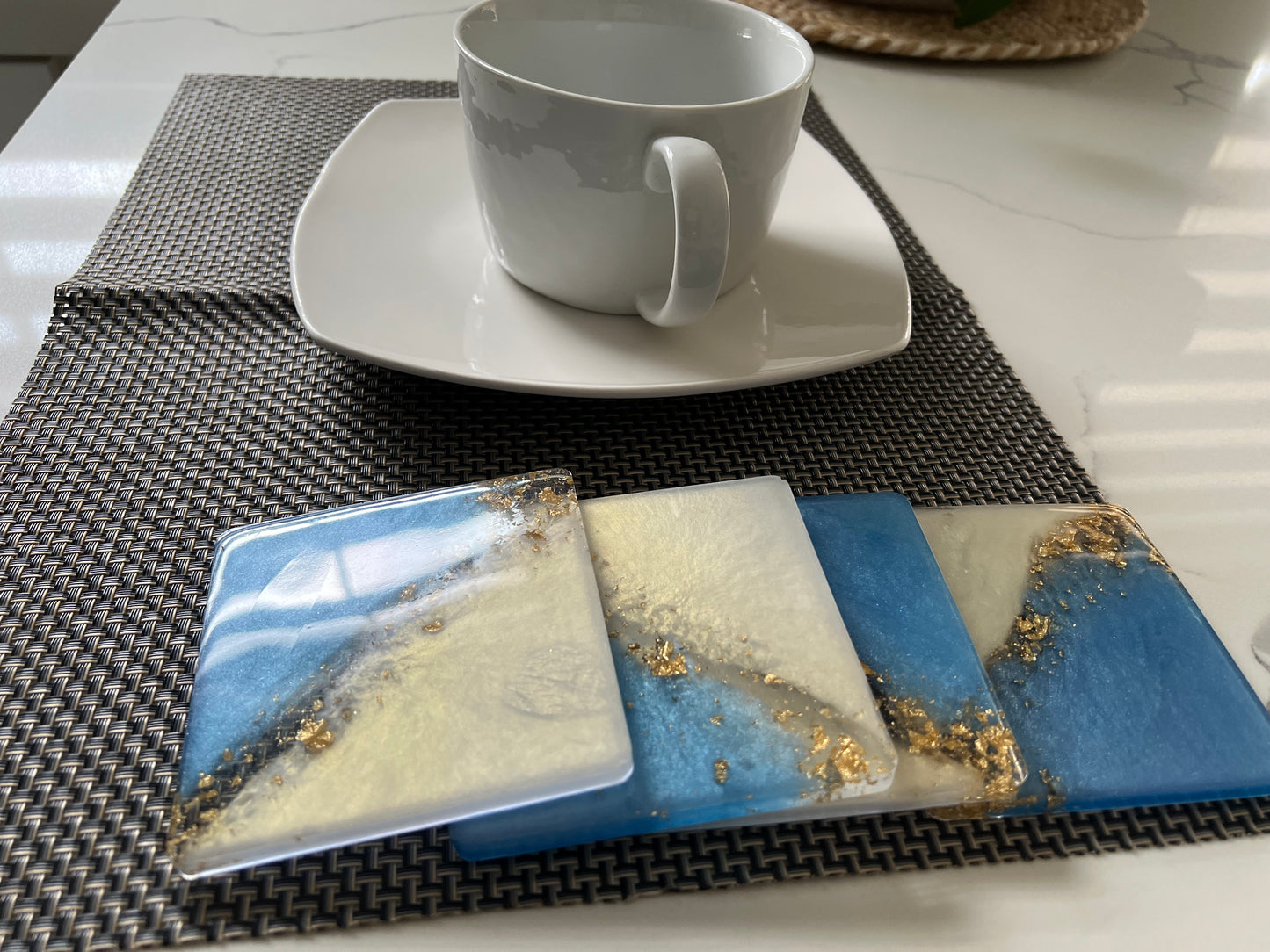 Luxurious Light Steel Blue, Pearl, and Gold Flakes Coasters - Set of 4