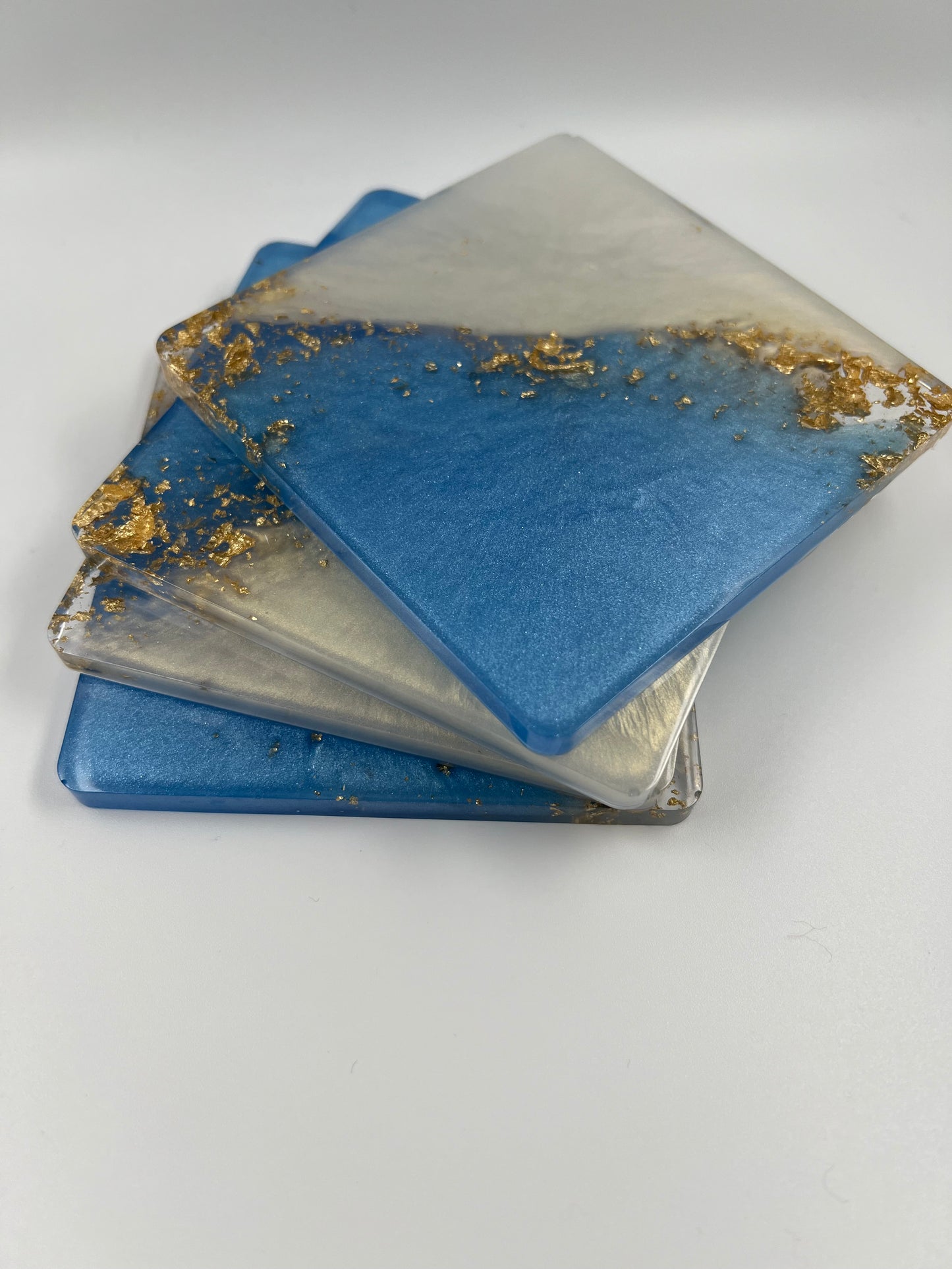 Luxurious Light Steel Blue, Pearl, and Gold Flakes Coasters - Set of 4